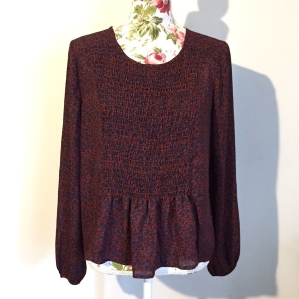 Rust Brown Navy Blue Ditsy Floral Print Blouse